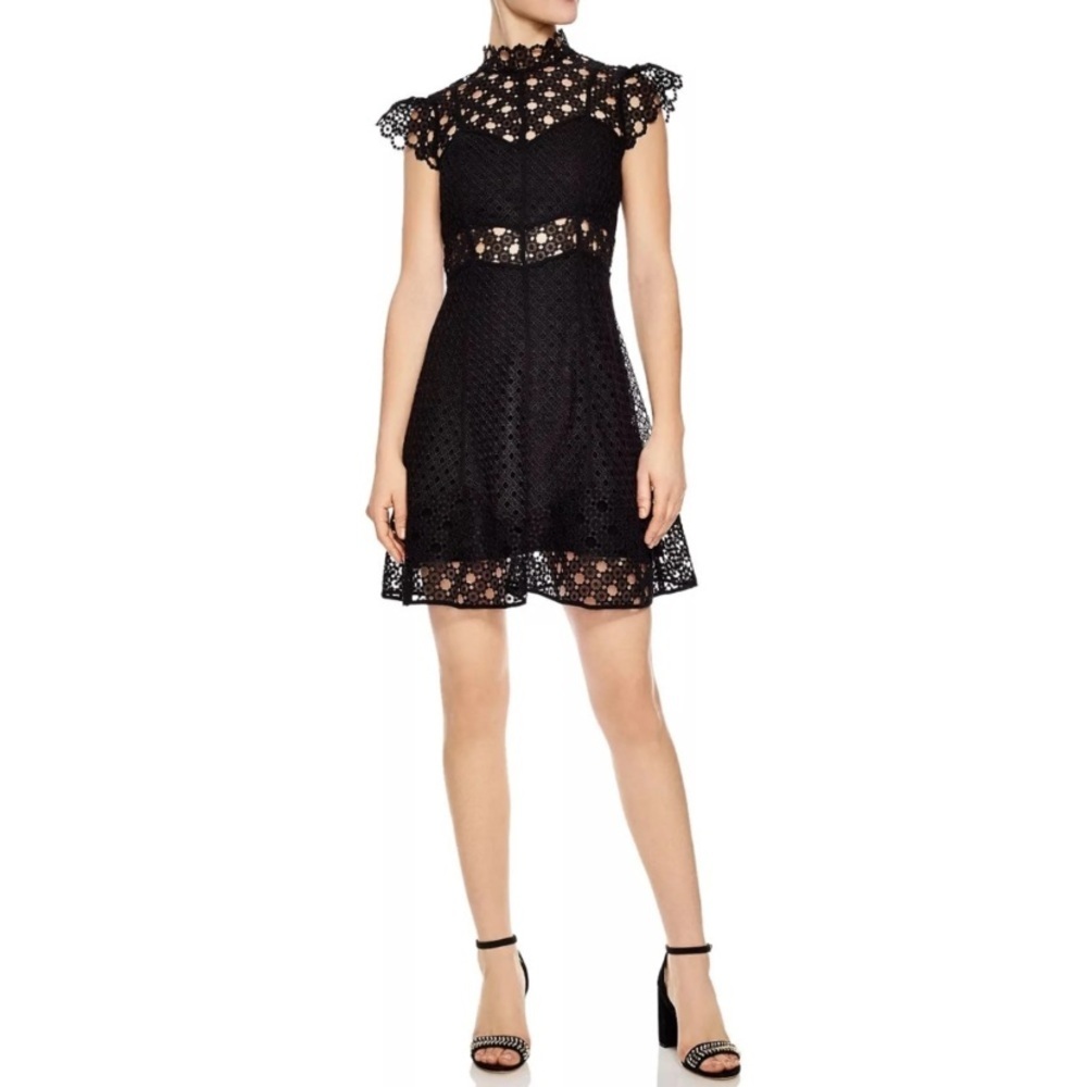 Sandro Jannie Lace A-Line Mini Dress Black Cap Flutter Sleeve Mini Size 38 - Picture 3 of 16